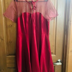 Elegant Red Dress with Sheer Polka Dot Detail